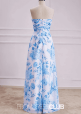 Penny | White Blue Floral Print Mermaid Strapless Long Bridesmaid Dress - Price #price_variant_lowest# - Blue Floral - PromDressClub
